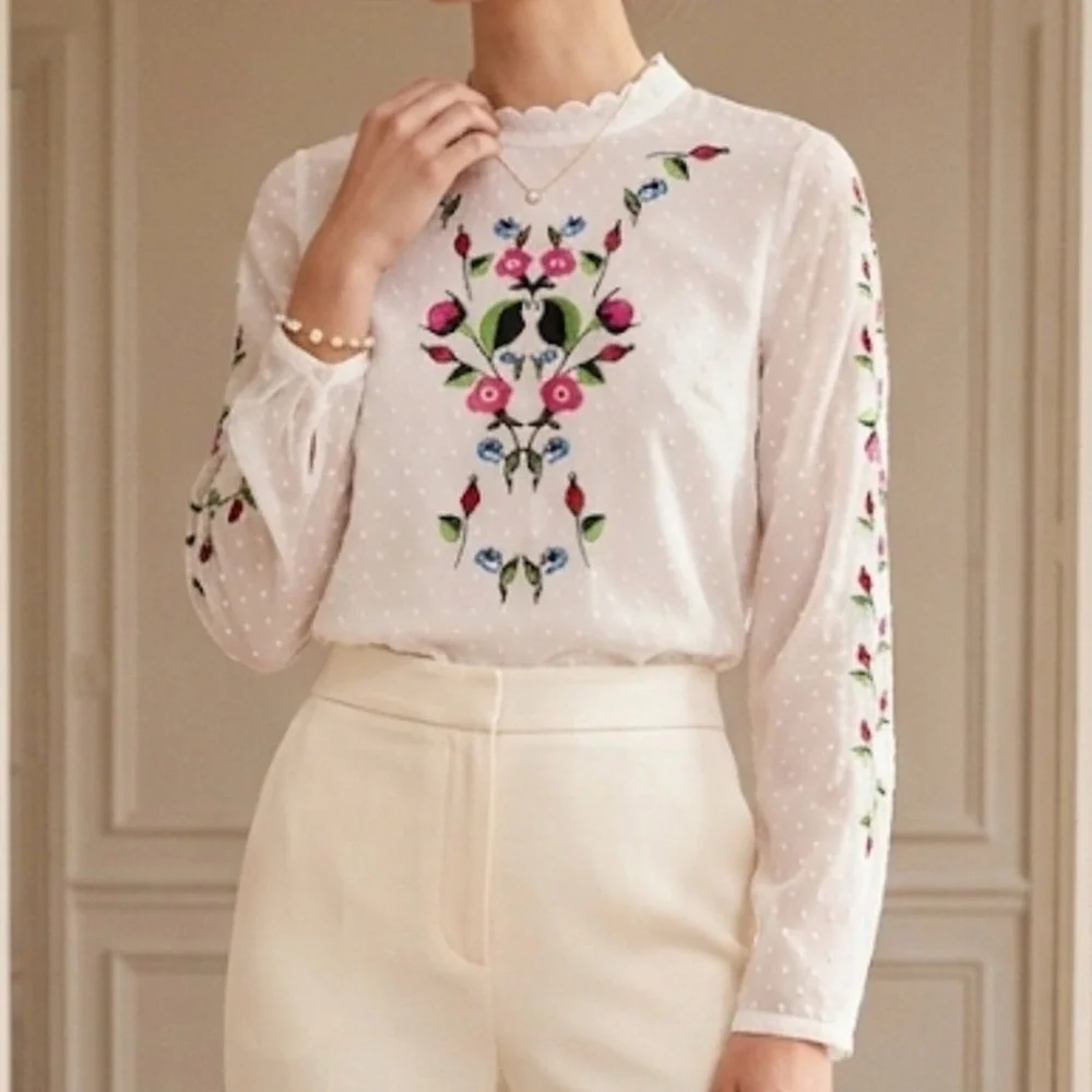 Y.A.S Yasmolia White Swiss Dot Floral Embroidered High Neck Blouse Top Size M